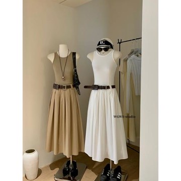 韓系簡約氣質辣妹無袖背心+通勤顯瘦大擺百褶休閑長裙套裝女夏季