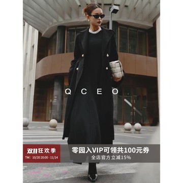 QCEO珍珠扣赫本風輕薄雙面羊絨大衣女收腰高級毛呢中長款外套秋冬