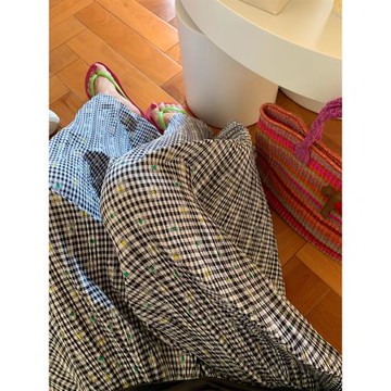 落落狷介褲子夏季薄款女2025新款黑白格子闊腿褲設計感小眾松緊腰