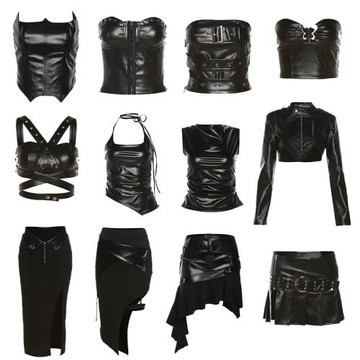 鬼妍JAZZ女團打歌服PU皮質套裝短款抹胸吊帶開衩短裙長袖外套辣妹