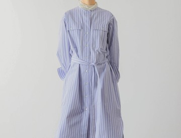 【藍白條】法式復古 條紋色織棉襯衫式連衣裙