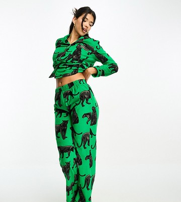 Chelsea Peers Exclusive velour panther print top and trouser pyjama set in apple green