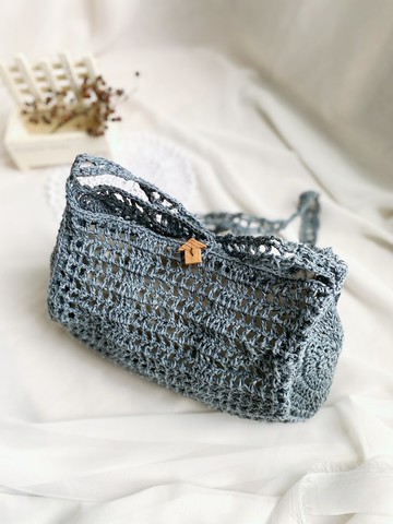 【好日手作】Handmade。手工日本SASA線莎莎線編織灰藍斜背側背包