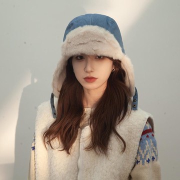 爆款出清  毛帽 帽子女 保暖帽 防寒百搭 包頭帽 大頭圍帽子 牛仔毛絨帽子女秋冬季顯臉小護耳針織帽加厚騎車滑雪