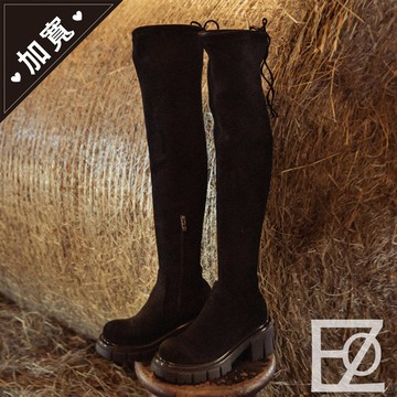 💎APP結帳 靴款買1送1💎ANNSTAR 意含ZOE聯名-正常版真的太瘦了吧!防水絨布過膝靴6.5cm-黑