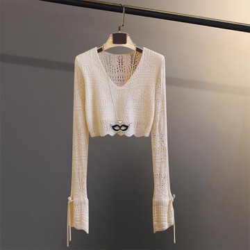 復古超短款高腰配裙外搭罩衫鏤空針織衫女顯瘦喇叭袖露臍長袖上衣