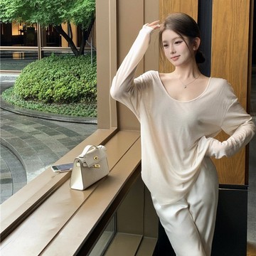 【夏天Summer】🔥夏季慵懶風打底罩衫 薄款天絲針織防曬衫 杏色溫柔韓版流行上衣 露背性感長袖 韓版寬鬆v領度假女裝