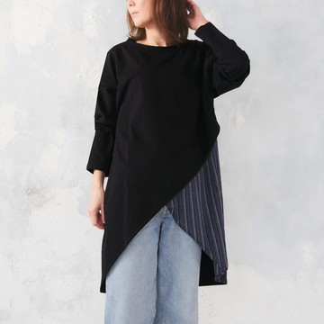 下襬拼接・不規則・條紋・寬鬆設計・異材質・罩衫・黑色・d-tp530