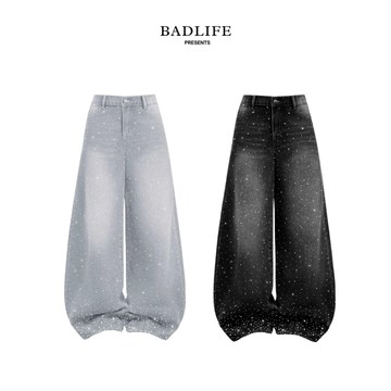 BADLIFE 雙面亮鑽牛仔褲【現貨】｜寬版垂墜BAGGY JEAN YIYI