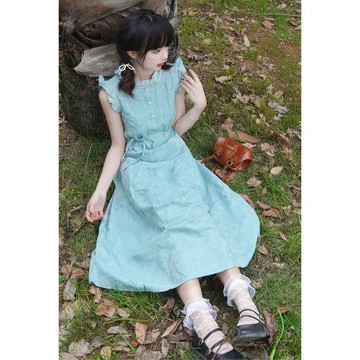 裙子女夏季新款小個子收腰顯瘦藍色圓領無袖連衣裙通勤百搭背心裙