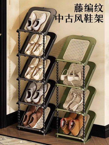 中古風鞋架藤編紋理多層家用門口入戶小窄簡易客廳鞋櫃鞋子收納架