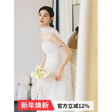(免運)輕盈霧紗 抹胸魚尾新娘旅拍輕婚紗主紗訂婚禮服晨袍2025新款19990