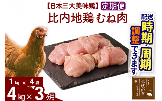 《定期便3ヶ月》 比内地鶏 むね肉 4kg（1kg×4袋）×3回 計12kg |jaat-050903