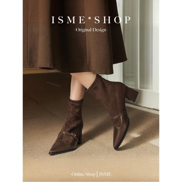 新款一字靴子時裝粗跟帶扣尖頭中筒絨面拼接女復古法式短靴秋冬職