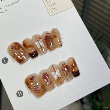 ✨Hannah✨純手工【複古玫瑰】水彩暈染棕色玫瑰高級氛圍感手工穿戴甲精緻穿戴甲 Z9WV