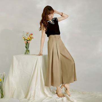 OB嚴選中大尺碼-純棉腰頭配色打褶寬褲(附腰帶)《BA7744》