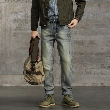 重磅牛仔褲 歐美復古 直筒褲 男士丹寧褲 男生褲子 彈性彈力 機車朋克風 工作褲 休閒長褲DLL