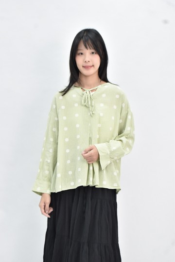 【加購優惠】(L) e-wear 棉質點點小V領綠色長袖上衣