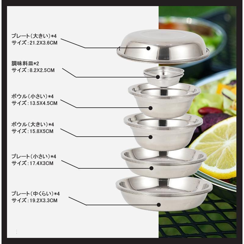 22点セットお皿ボウルポータブル調理器具プレート食器セットコンパクトプレート収納バッグ丸皿食器ステンレスキャンプピクニックバーベキュー