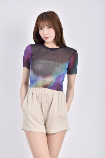 (S) 修身短版透膚炫彩黑色短袖上衣