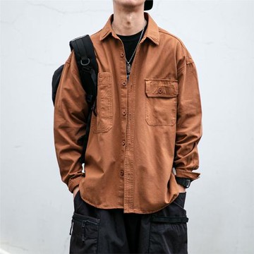 日系復古純色基本款長袖襯衫男春秋百搭修身工裝襯衣休閑寸衫外套