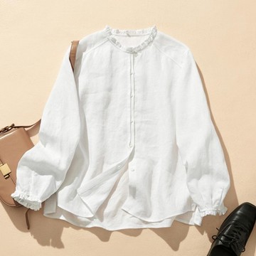 前襟細節設計 100% 亞麻荷葉邊上衣 簡約優雅  白色 240409-1