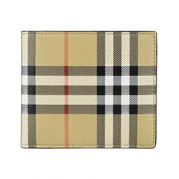 BURBERRY燙銀LOGO格紋PVC 8卡對折短夾(典藏米x黑)