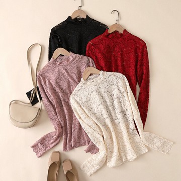 半高領蕾絲打底衫秋冬新款甜美網紗內搭仙女顯瘦上衣加絨加厚