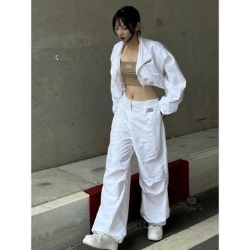 shemoda早秋時髦休閑拉鏈高腰長袖上衣女 刺繡印花寬松長褲子套裝