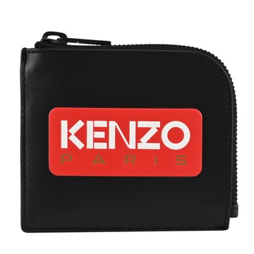 KENZO 5PM823 壓印LOGO皮革L型拉鍊零錢包.黑