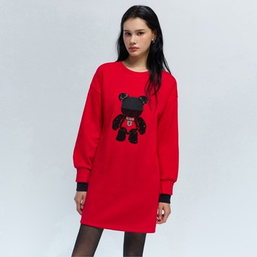 SO NICE 亨特紅假兩件童趣小熊落肩H-line空氣棉洋裝