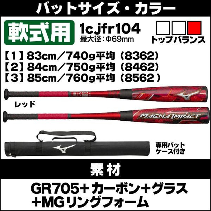 ミズノ公式 軟式用マグナインパクト FRP製／83cm／平均740g レッド-