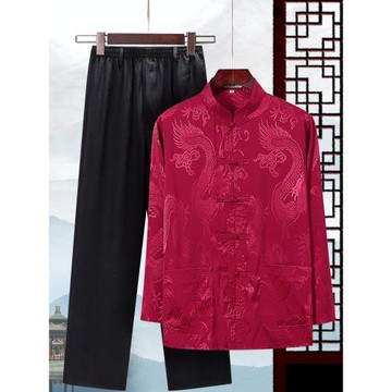 老人生日唐裝男中老年套裝春夏薄款婚禮爸爸裝桑蠶絲爺爺過壽衣服