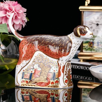 英國製Royal Crown Derby伊萬里2006獵狐犬骨瓷紙鎮裝飾 雕塑
