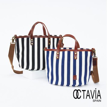 OCTAVIA8 - 海風親吻 真皮配條紋帆布手提肩背包