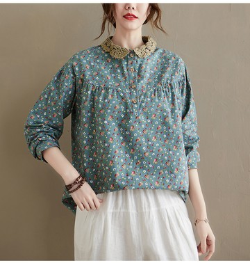 文藝印花棉麻蕾絲領上衣