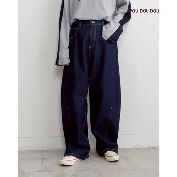 【POU DOU DOU】丹寧色寬鬆桶型斜紋褲 PPX18275