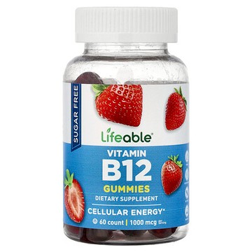 Lifeable, 維生素 B12 軟糖，無糖，天然草莓味，1000 微克，60 粒軟糖（每粒軟糖 500 微克）