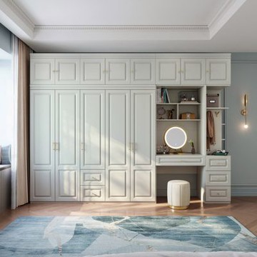 林氏木業北歐簡約純白金色把手五門衣櫃JO12D(附掛衣、化妝邊櫃、頂櫃及妝凳)-(H014369229)