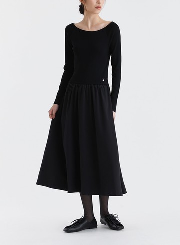 船領細羅紋抽皺長洋裝