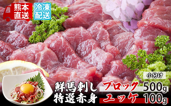 馬刺し 特選 赤身 500g ブロック ユッケ 100g セット 熊本直送 国内肥育 馬刺 馬肉 肉 お肉 冷凍 国産 又は カナダ産 配送不可：離島