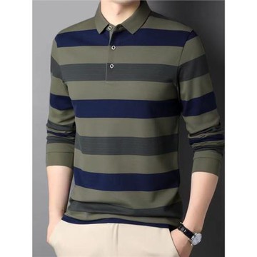 秋季新款長袖T恤男士條紋休閑商務POLO衫寬松翻領體恤衫百搭上衣