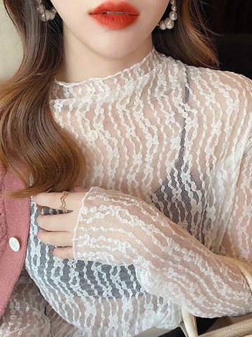 長袖蕾絲打底衫女秋冬半高領內搭鏤空網紗上衣服洋氣漂亮短款小衫