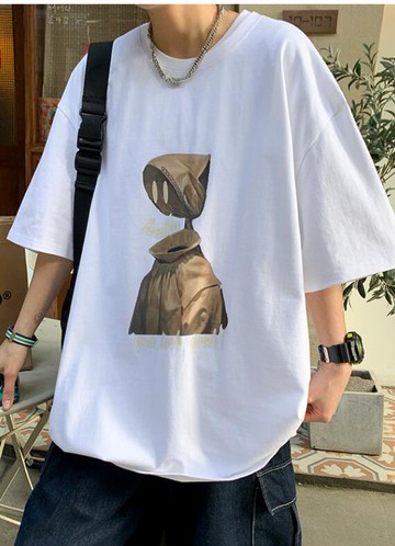 FINDSENSE X 韓潮 男士 街頭時尚 全棉 五分袖 神秘頭像印花 短袖T恤