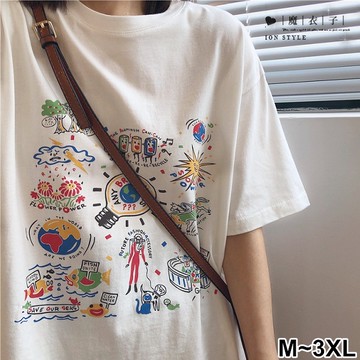 【QV3735】魔衣子-俏皮可愛．趣味塗鴉寬鬆圓領短袖上衣