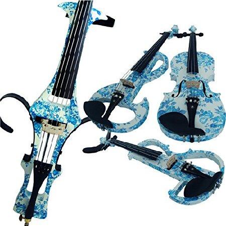 Aliyes Wood Electric Violin Full Size Intermediate-A Silent White Blue Flowers Kit With Case,Bow,Rosin,headphones,Shou