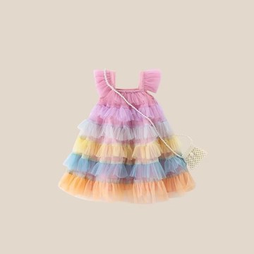 mori🎀mori女童夏季新款兒童洋氣彩虹無袖網紗夏裝連衣裙寶寶蛋糕公主裙