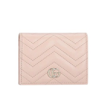 GUCCI 古馳 GG Marmont 經典金屬雙G 卡夾 皮夾 短夾 零錢包 淺粉色 466492