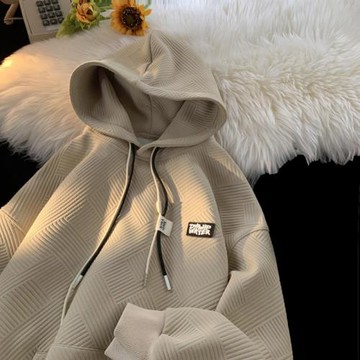 卡其色連帽衛衣男春秋美式復古外套春季2024新款肌理感提花上衣服