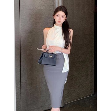 高智感氣質飄帶緞面無袖襯衫上衣+高腰包臀開叉半身裙套裝配腰帶